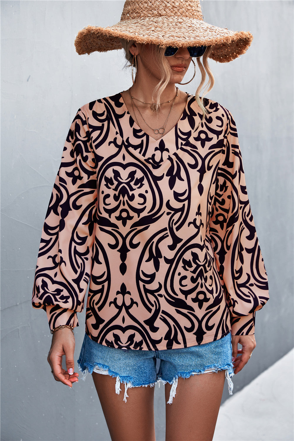 Women's Blouse with Elegant Baroque Pattern and Puff Sleeves