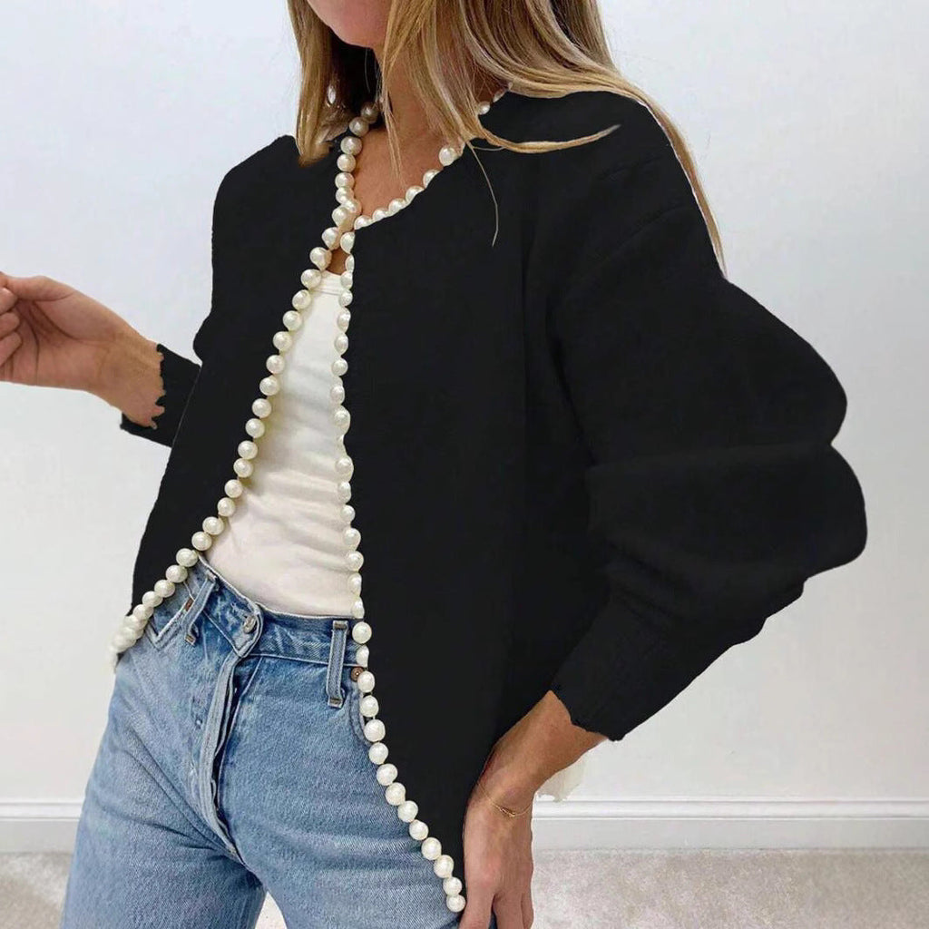 Women's Elegant Knit Cardigan with Pearl Embellishment