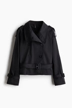 Women's Elegant Short Trench Coat with Double-Breasted Closure and Waist Belt