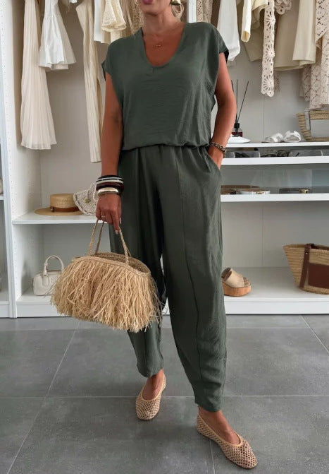 Women's Casual Jumpsuit with Elastic Waist and Pockets