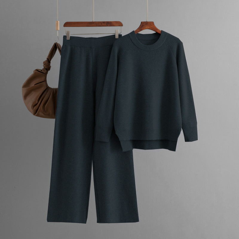Women's Casual Knit Lounge Set with Wide Top and Comfortable Pants