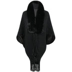 Women's Luxurious Knit Poncho with Faux Fur Collar and Fringe