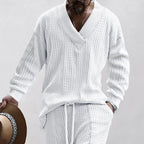 Men's relaxed knit ensemble with deep V-neck and elastic drawstring waistband