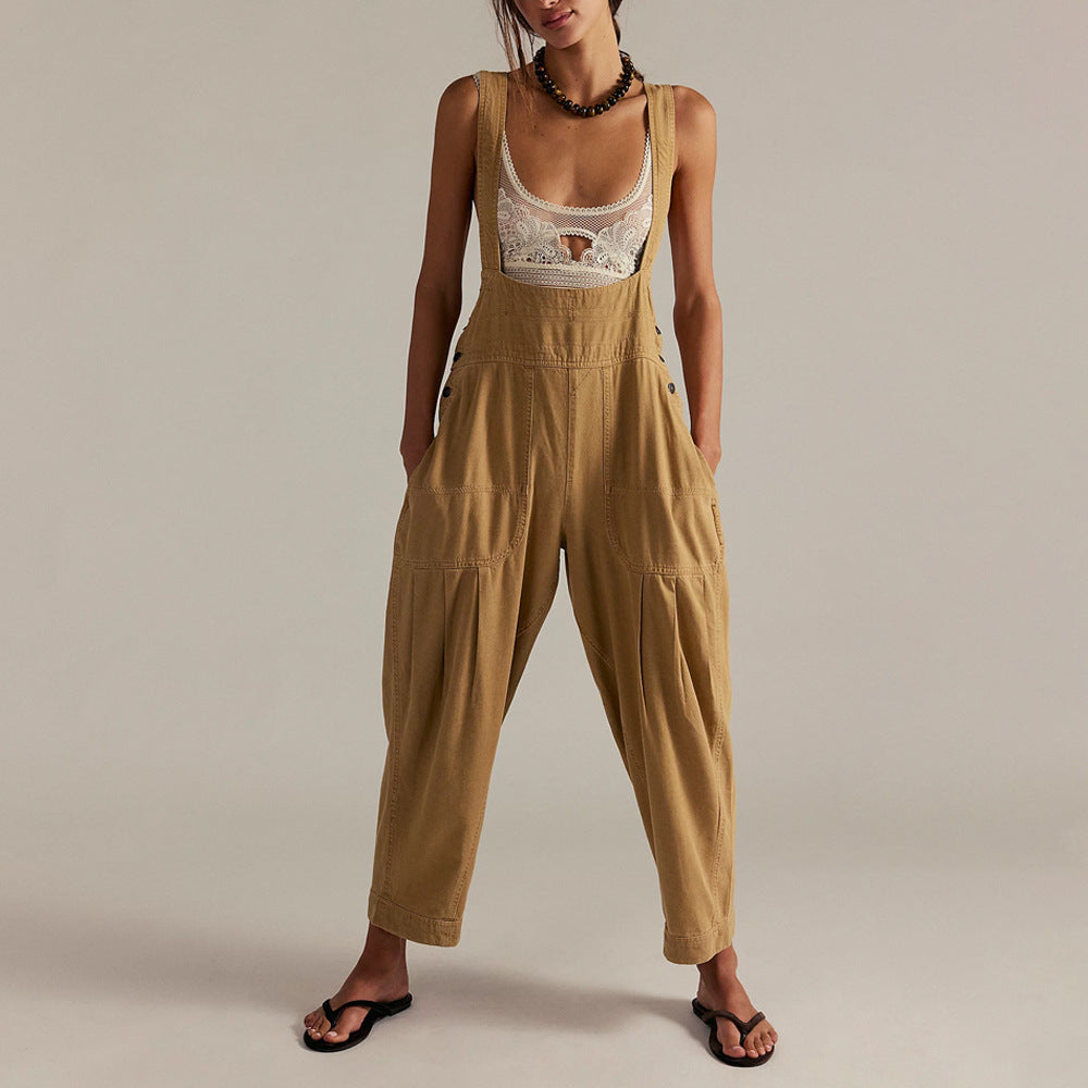Women's Casual Denim Overall with V-Neck and Pockets