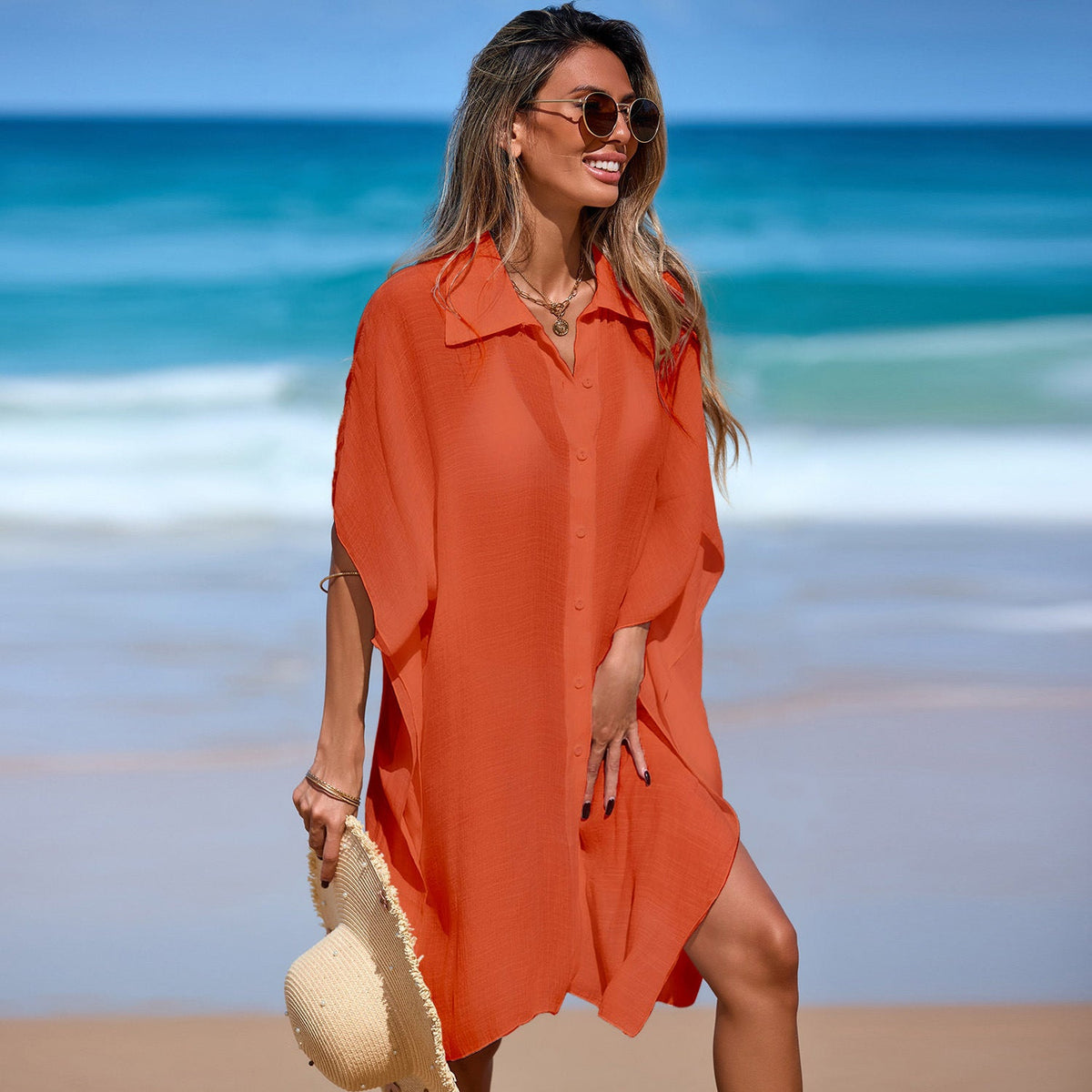 Women's Airy Beach Kimono with Modern Button Details