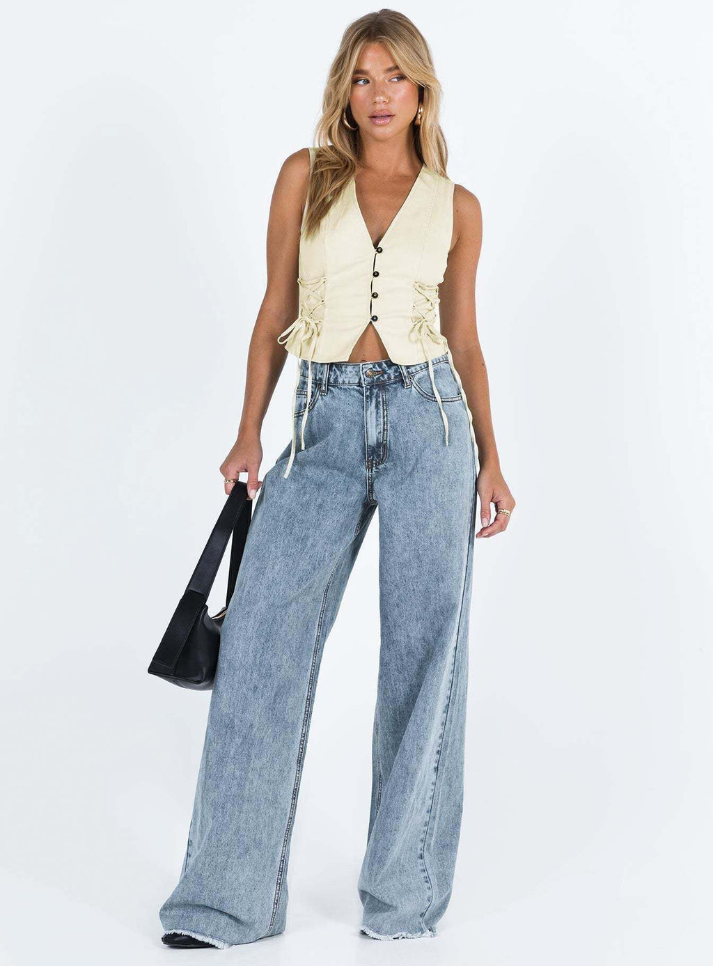 Women's Denim Vest with Innovative Lace-Up Closure and Decorative Details