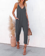 Women's Casual Jumpsuit with Deep V-Neck and Side Pockets