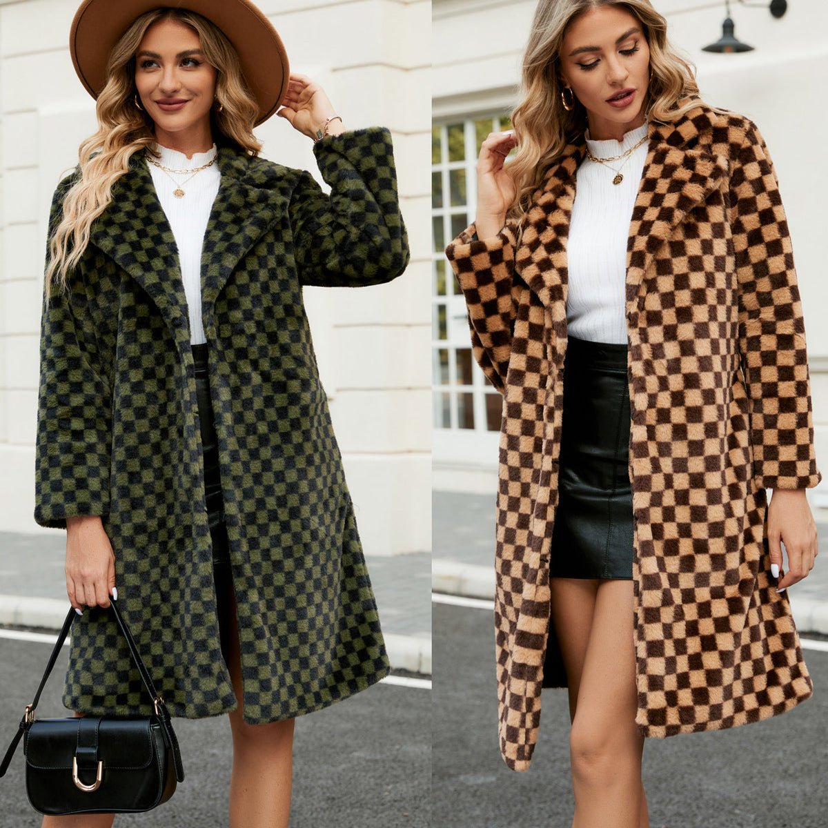Elegant Faux Fur Coat with Modern Plaid Pattern and Wide Collar