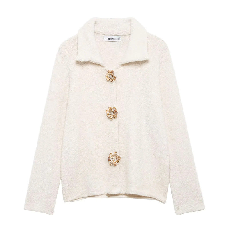 Women's Fluffy Cardigan with Decorative Flower Buttons
