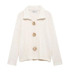 Women's Fluffy Cardigan with Decorative Flower Buttons