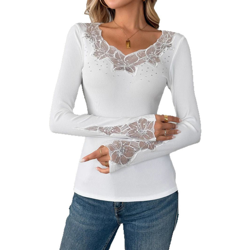 Women's Elegant Shirt with Floral Lace Appliqués and Sparkling Details