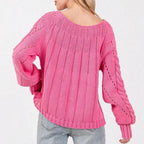 Women's Chunky Knit Sweater with Voluminous Sleeves and Fine Openwork