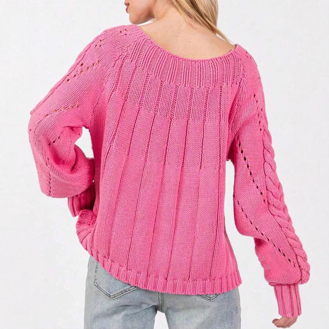 Women's Chunky Knit Sweater with Voluminous Sleeves and Fine Openwork