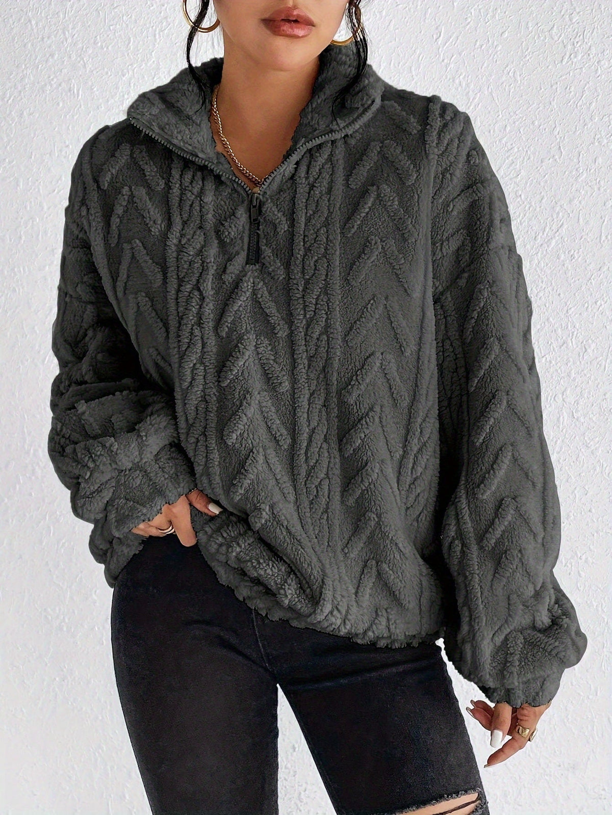 Women's Patterned Oversized Fleece Pullover with High Collar