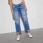 Women's High-Waist Jeans with Frayed Hem and Ripped Details