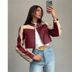 Women's Cropped Faux Leather Jacket with Contrasting Inserts