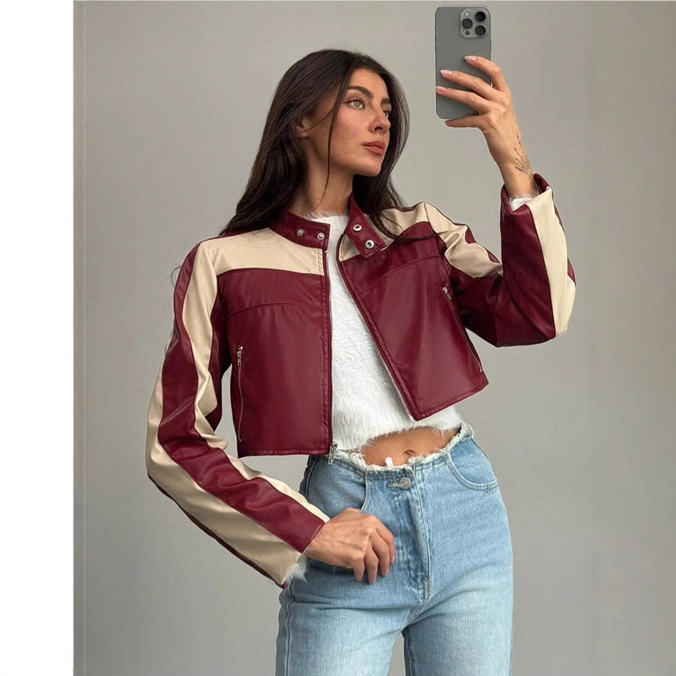 Women's Cropped Faux Leather Jacket with Contrasting Inserts