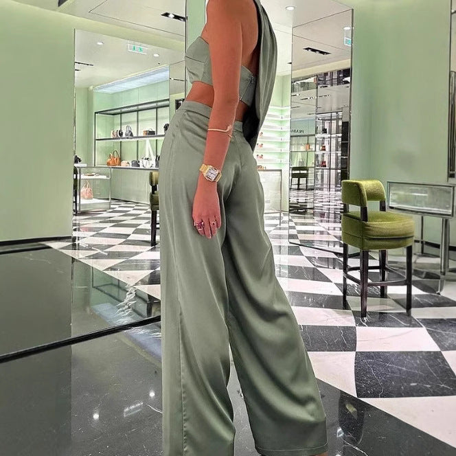 Women's Elegant Two-Piece Set with Asymmetric Top and Wide-Leg Pants