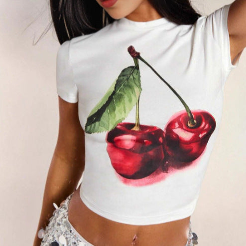 Women's Crop T-Shirt with Cherry Motif