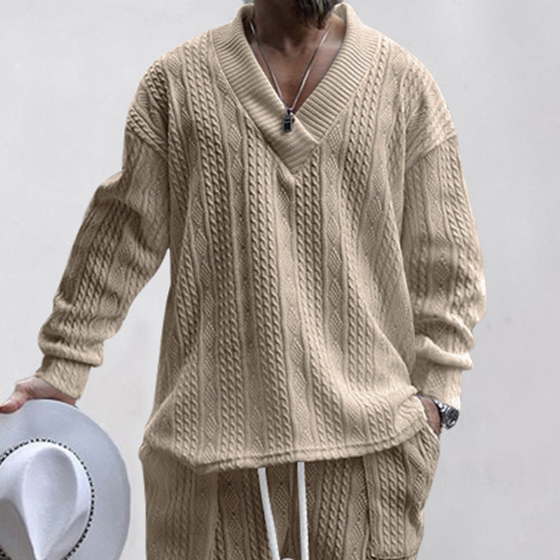 Men's cable knit set with deep V-neck and drawstring joggers