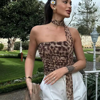 Women's Elegant Striped Maxi Skirt with High Waist in Leopard Print