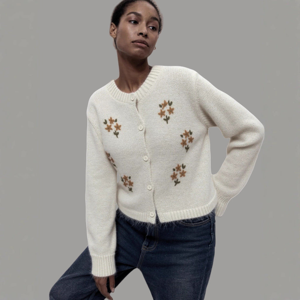 Women's Knitted Cardigan with Floral Embroidery