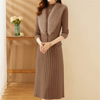 Women's Elegant Knit Set with High-Quality Fur Collar and Ribbed Texture