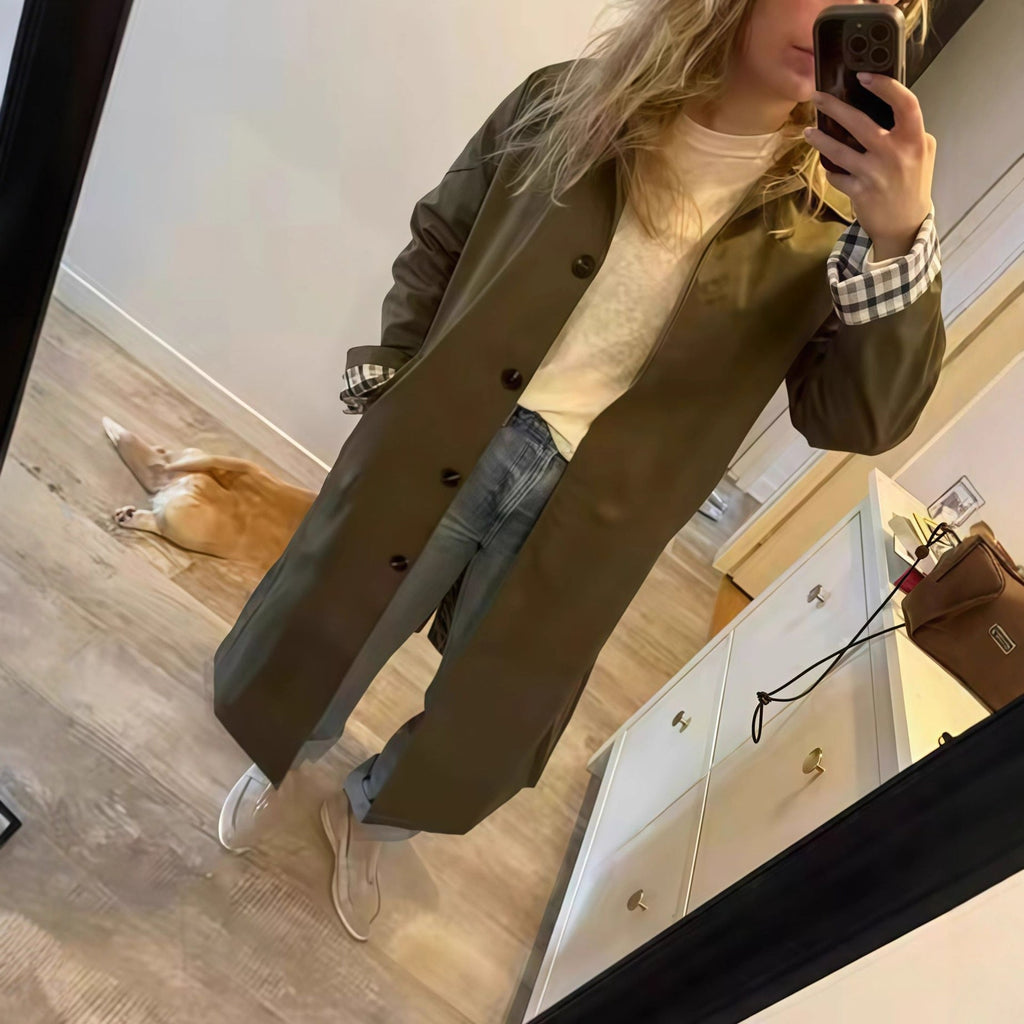 Women's Elegant Trench Coat with Plaid Interior and Loose Cut