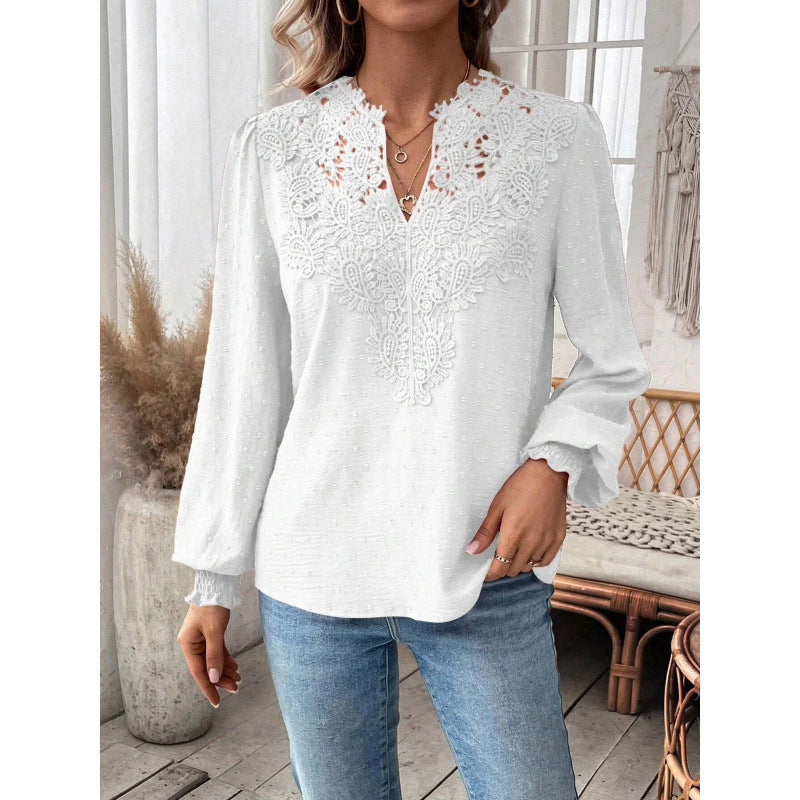 Women's Blouse with Embroidered V-Neck and Long Sleeves