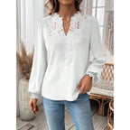 Women's Blouse with Embroidered V-Neck and Long Sleeves