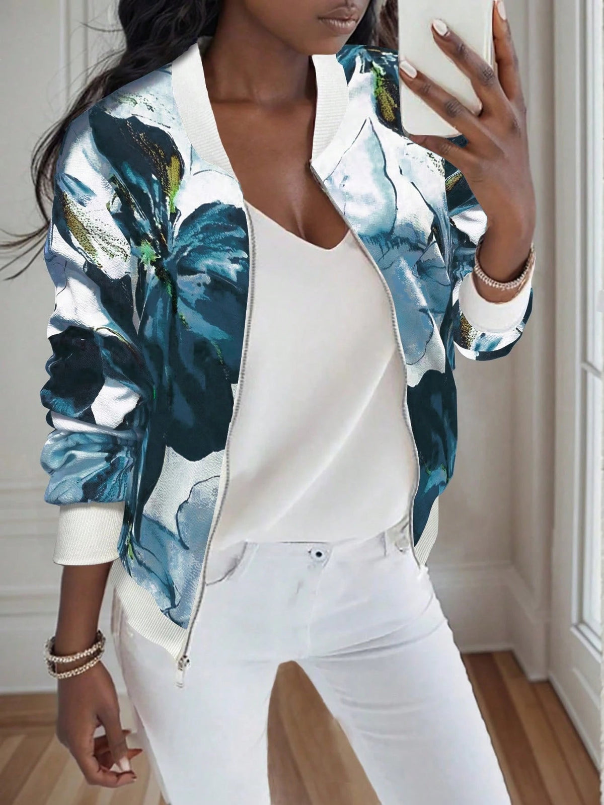 Women's Floral Bomber Jacket with Elastic Hem