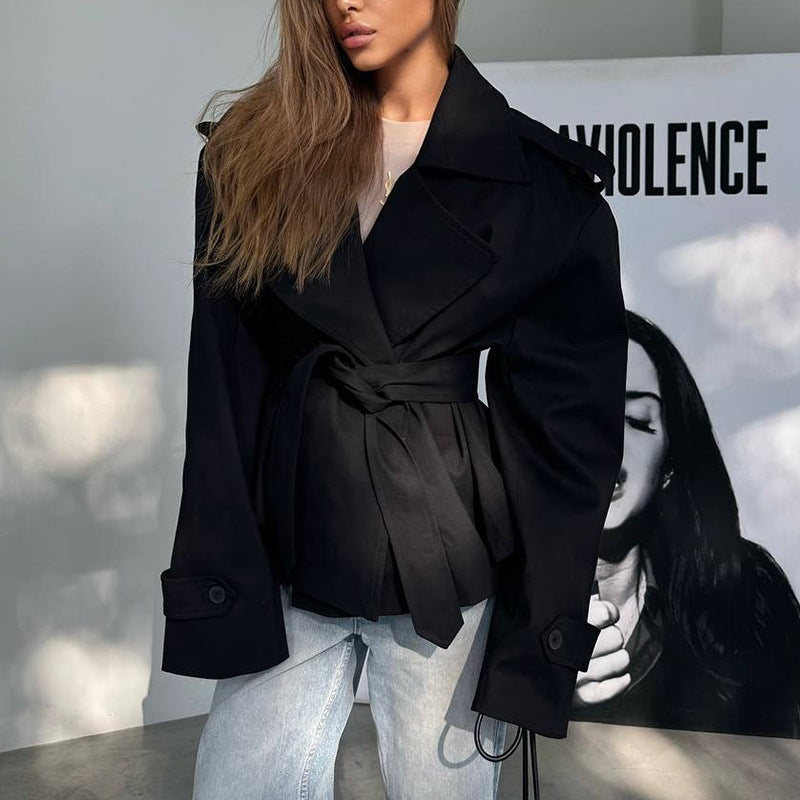 Women's Elegant Trench Coat with Waist Belt and Wide Cut