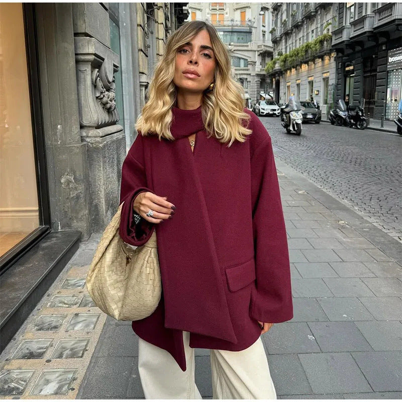 Women's Elegant Oversized Jacket with High Collar and Pockets