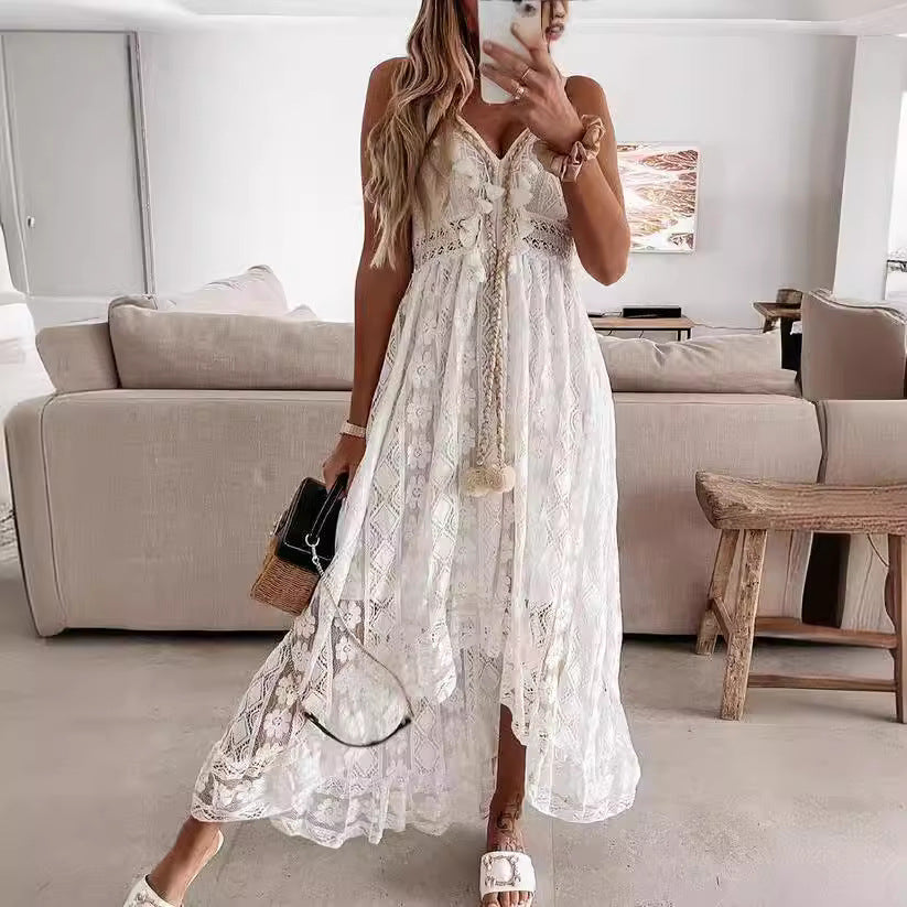 Boho Maxi Dress with Lace Accents and Decorative Tassels