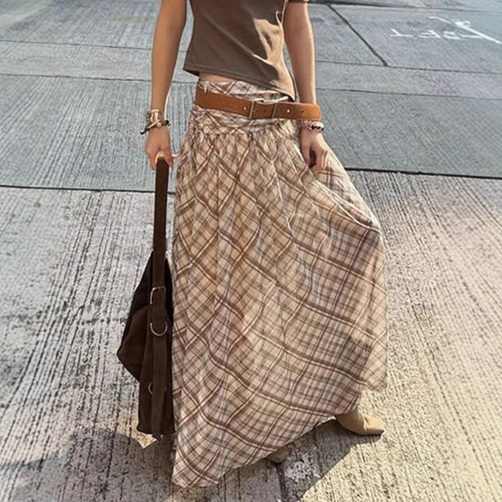 Women's Maxi Skirt with Elastic Waist and Plaid Pattern