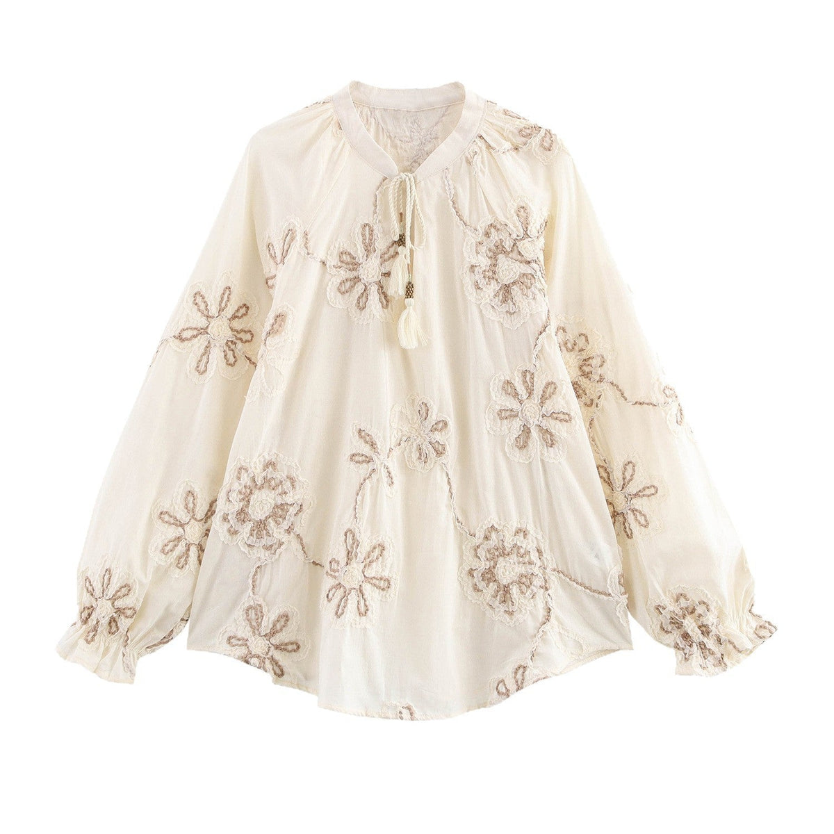 Women's Blouse with Floral Embroidery and Elegant Tassels