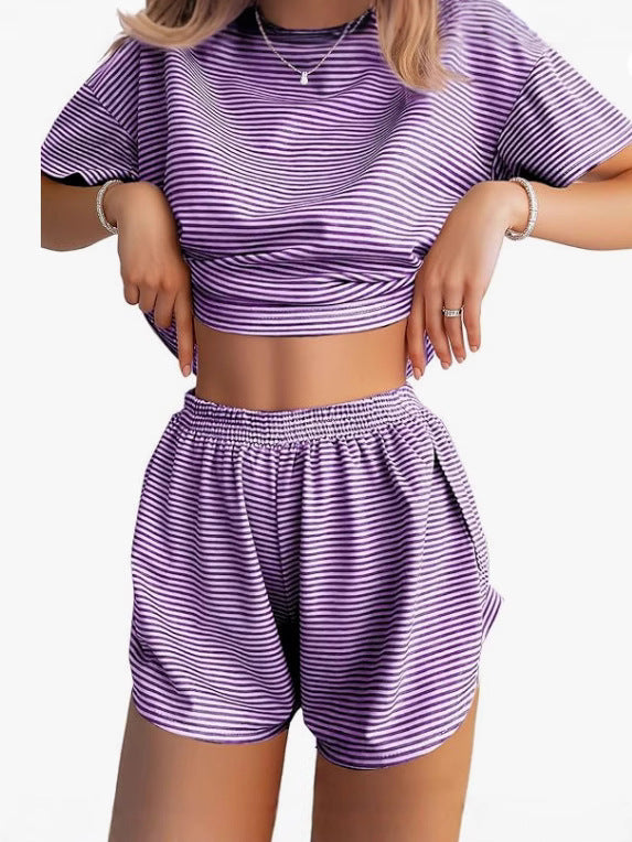 Women's Casual Striped Set with Wide T-Shirt and Shorts
