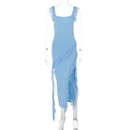 Women's Asymmetrical Maxi Dress with Ruffles and High Slit
