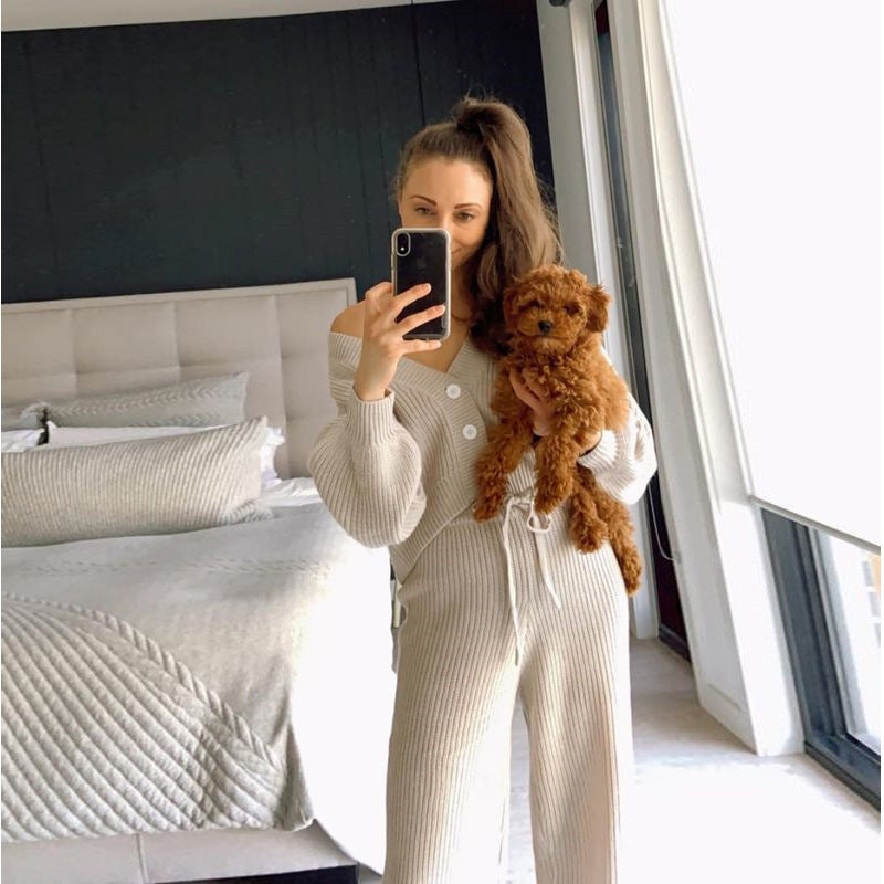 Women's Knit Loungewear Set with Buttons and Drawstring