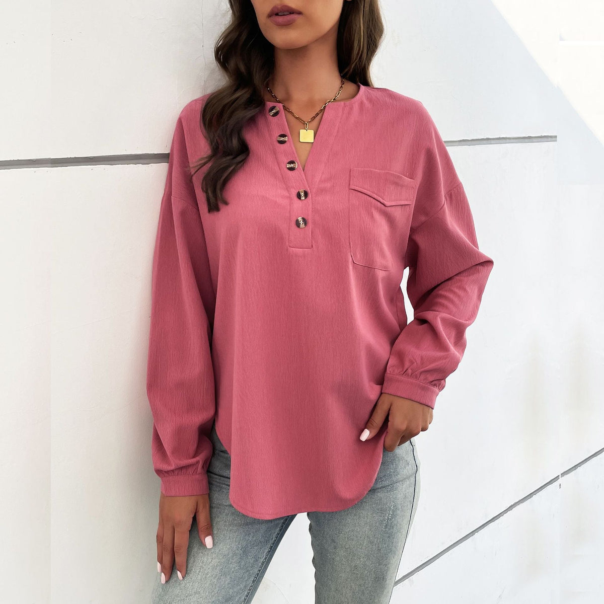 Long-Sleeve Button-Down Blouse with Chest Pocket
