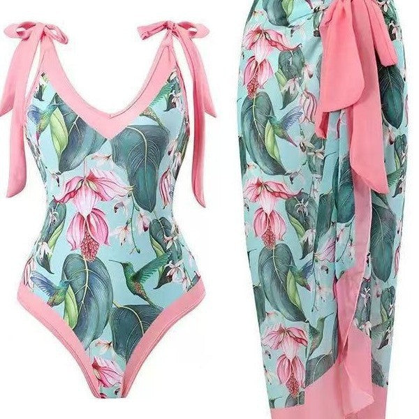 Women's Floral Swimsuit with Sheer Wrap Skirt