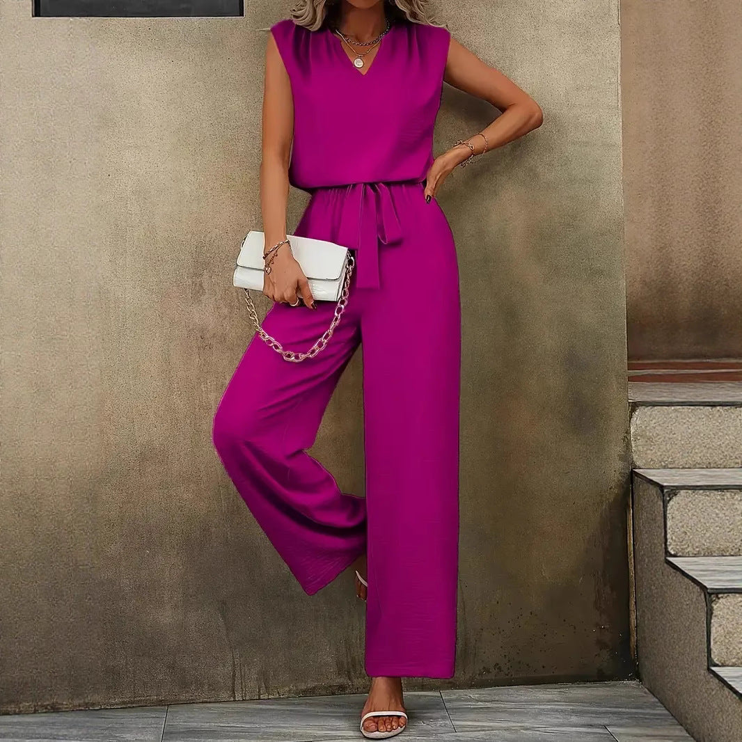Women's Elegant Suit with V-Neck and Waist Tie