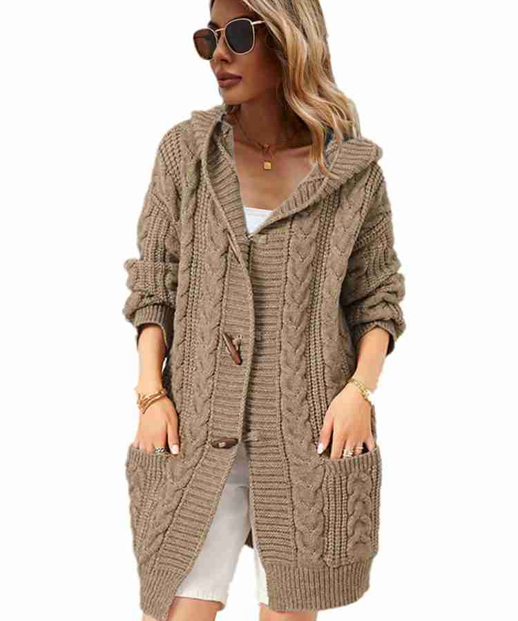 Women's Chunky Knit Coat with Hood and Pockets