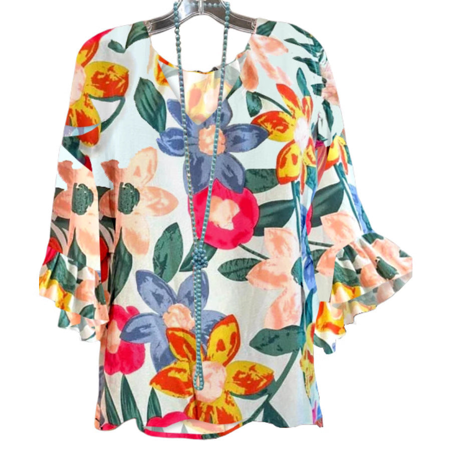 Women's Blouse with Floral Pattern and Ruffle Details