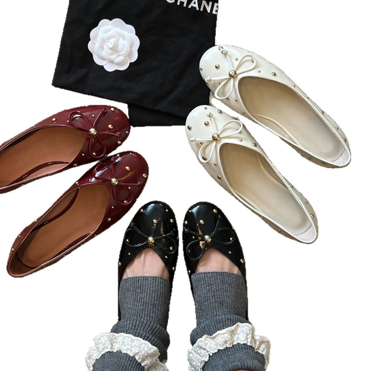 Women's Ballet Flats with Bow Accent and Sparkling Beads
