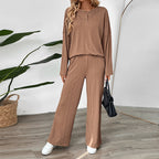 Women's Cozy Knit Set with Wide Leg and Button Placket