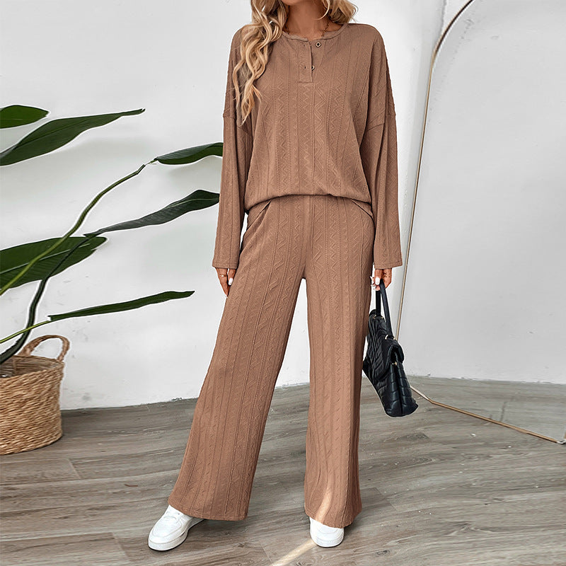 Women's Cozy Knit Set with Wide Leg and Button Placket