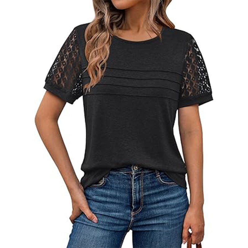 Women's Airy T-Shirt with Attractive Crochet Sleeves