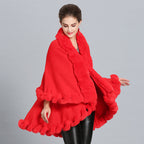 Women's Hooded Poncho with Luxurious Faux Fur Collar and Elegant Trim