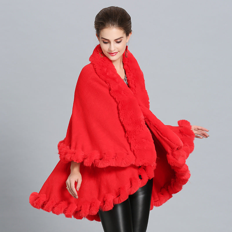Women's Hooded Poncho with Luxurious Faux Fur Collar and Elegant Trim